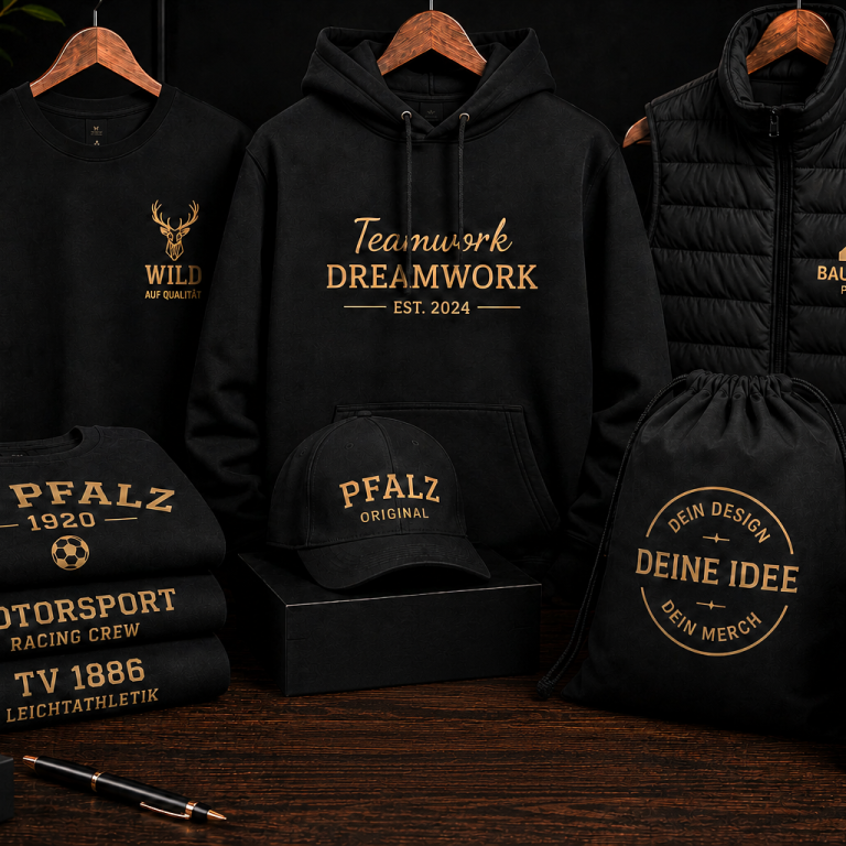 Hochwertige Textilveredelung Schwarze Bekleidung und Zubehör mit sportlichen Designs und Logos.